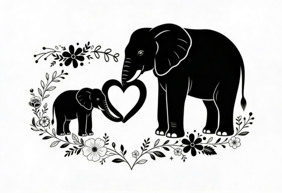 Elephant Mom and Baby Heart Floral SVG