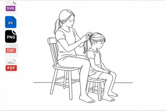 Mom Brushing Daughter Hair Line Art SVG